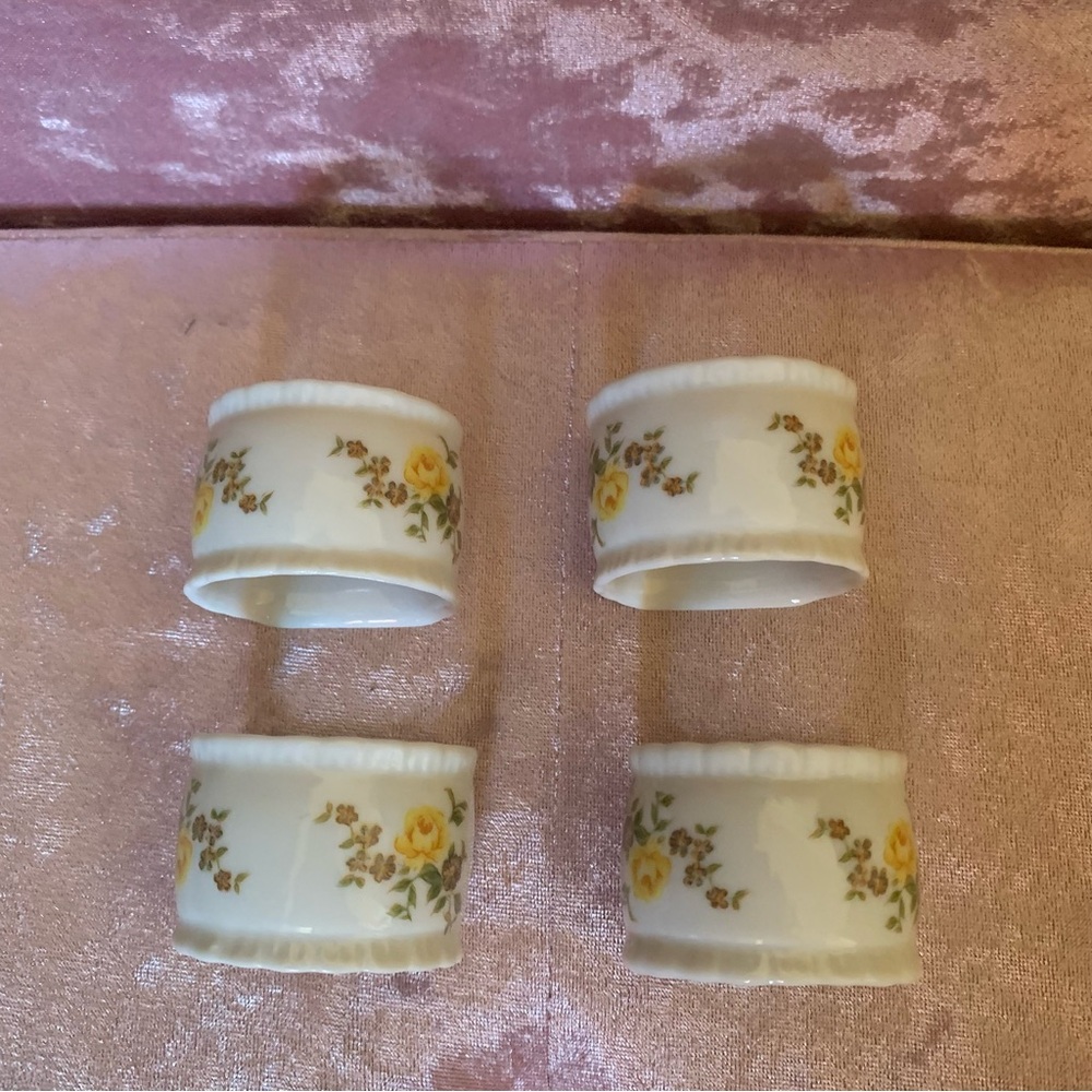 Four Vintage Porcelain Napkin Rings with Yellow Roses, Flat on One Side